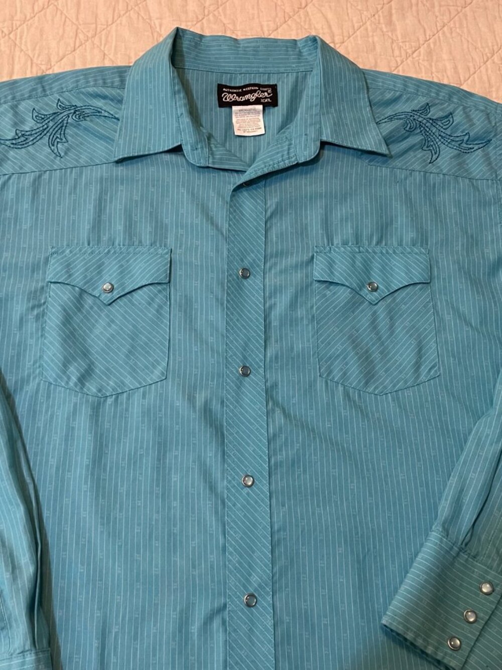 Men's XXL Wrangler Aqua/White Pinstripe Pearl Snap Long Sleeve Shirt - Picture 6 of 15